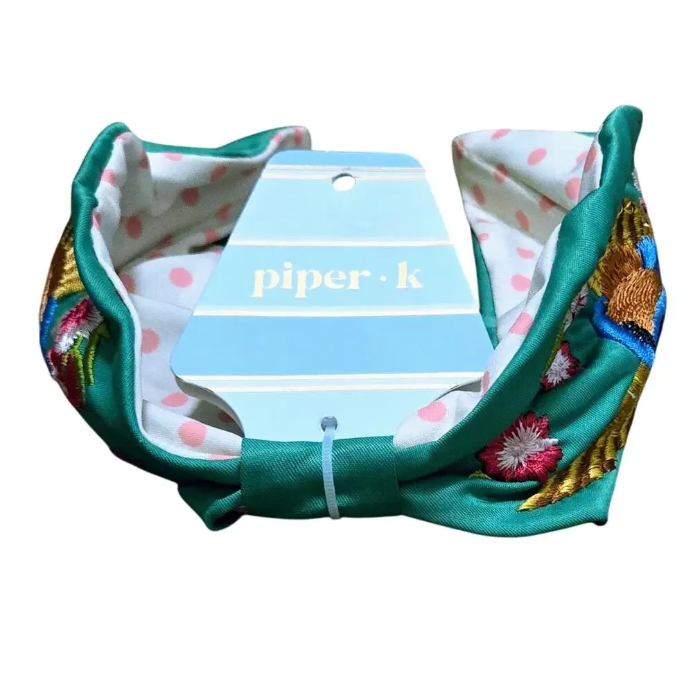 Piper-K Headband Green Fabric Colorful Embroidered Hummingbird Motif NWT